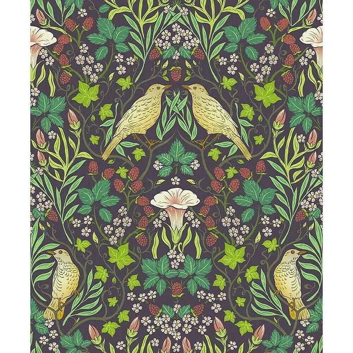Marburg Heritage Vliestapete Tiere & Blumen - Schwarz/Grün, Floral, 10,05 x 0,53 m - Floral gemustertes Stoffdesign mit stilisierten Vögeln, Blüten und Beeren auf dunklem Hintergrund für dekorative Anwendungen.