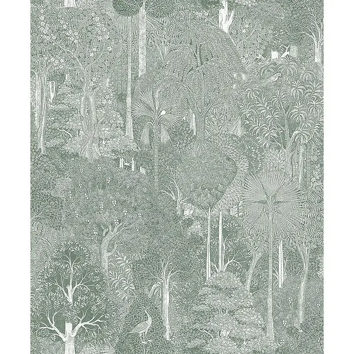 Marburg Heritage Vliestapete Gemaltes Waldmotiv - Grün/Weiß, Floral, 10,05 x 0,53 m - Detaillierte Illustration eines dichten Waldes mit verschiedenen Baumarten und üppiger Vegetation in gedämpften Grüntönen.
