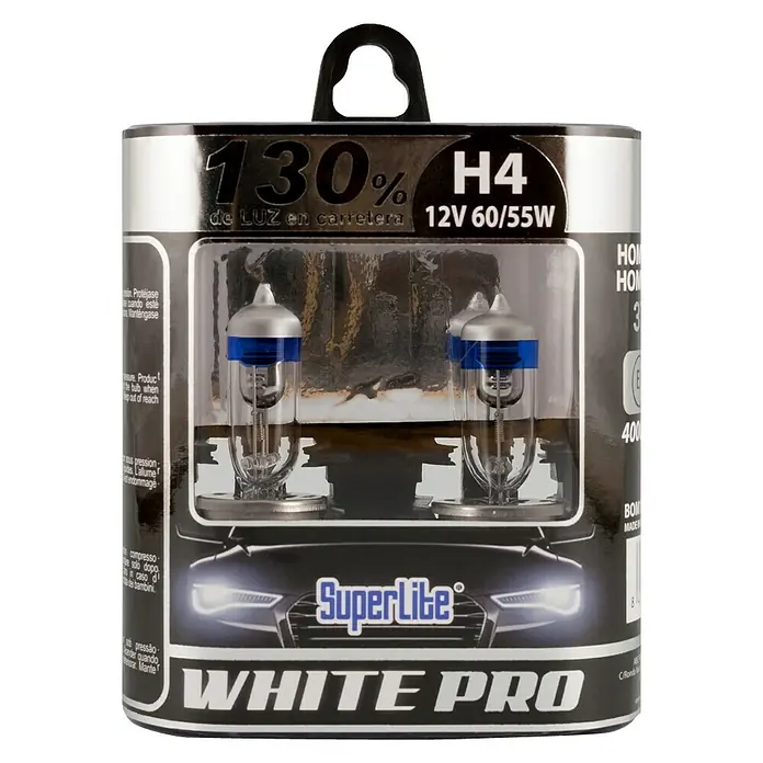 Bombilla para faro delantero BOM12701 - 12 V, 2 ud., Blanco - Imagen de una bombilla de coche SuperLite White Pro H4 que proporciona un 130% más de luz en la carretera y un voltaje de 12V 60/55W.