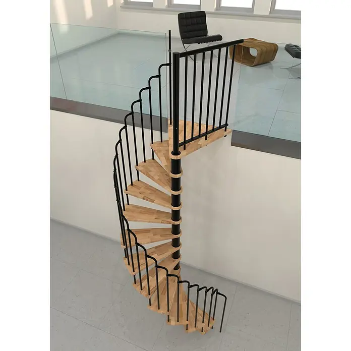 Minka Spindeltreppe Paris - Durchmesser: 140 cm, Schwarz, Farbe Stufen: Buche Natur, Geschosshöhe: 282 cm - Die elegante Wendeltreppe aus hellem Holz und schwarzem Metall ist ein Blickfang in jedem modernen Zuhause. Sie verbindet zwei Etagen stilvoll miteinander.