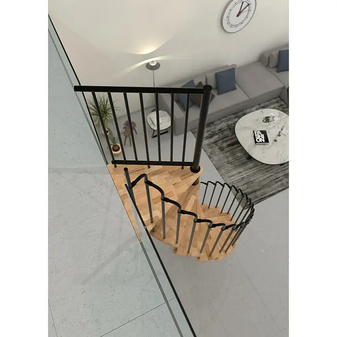 Minka Spindeltreppe Paris - Durchmesser: 140 cm, Schwarz, Farbe Stufen: Buche Natur, Geschosshöhe: 282 cm - Eine moderne Wendeltreppe aus Holz und Metall mit einem minimalistischen Design, die sich perfekt in ein modernes Interieur einfügt.