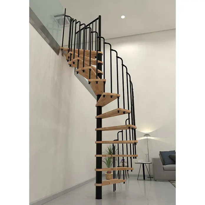 Minka Spindeltreppe Paris - Durchmesser: 140 cm, Schwarz, Farbe Stufen: Buche Natur, Geschosshöhe: 282 cm - Eine elegante Wendeltreppe mit Holzstufen und einem schwarzen Geländer fügt sich nahtlos in ein modernes Interieur ein. Die Treppe ist ein echter Hingucker.
