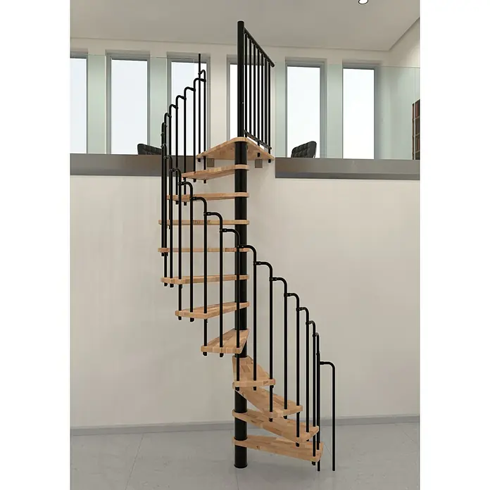 Minka Spindeltreppe Paris - Durchmesser: 140 cm, Schwarz, Farbe Stufen: Buche Natur, Geschosshöhe: 282 cm - Eine elegante Wendeltreppe mit Holzstufen und schwarzem Geländer, die sich spiralförmig in einem modernen Raum nach oben windet.