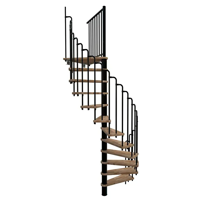 Minka Spindeltreppe Paris - Durchmesser: 140 cm, Schwarz, Farbe Stufen: Buche Natur, Geschosshöhe: 282 cm - Eine elegante Wendeltreppe mit Holzstufen und einem schwarzen Metallgeländer. Ein echter Hingucker für jeden Raum.