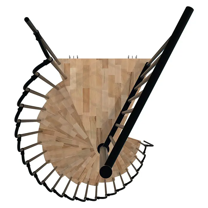 Minka Spindeltreppe Paris - Durchmesser: 140 cm, Schwarz, Farbe Stufen: Buche Natur, Geschosshöhe: 282 cm - Draufsicht einer Wendeltreppe aus Holz mit schwarzem Geländer. Das moderne Designelement ist ein echter Hingucker in jedem Raum.