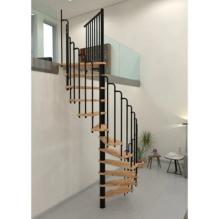 Minka Spindeltreppe Paris - Durchmesser: 140 cm, Schwarz, Farbe Stufen: Buche Natur, Geschosshöhe: 282 cm - Elegante Wendeltreppe mit Holzstufen und schwarzem Metallgeländer. Das Treppendesign fügt sich nahtlos in den modernen Raum ein.