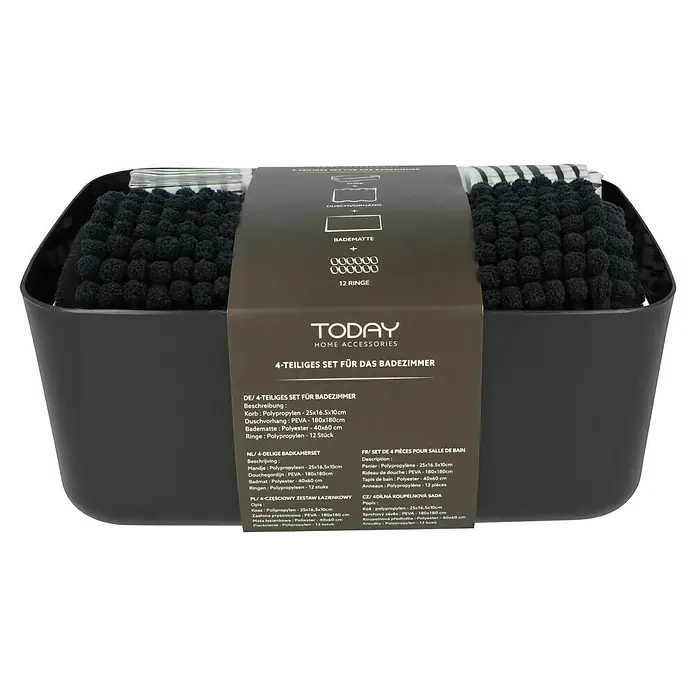Set de accesorios de baño Today - Plástico, Negro, 4 pzs. - Juego de baño con cesto, cortina de ducha, alfombra y anillas, presentado en una caja negra.