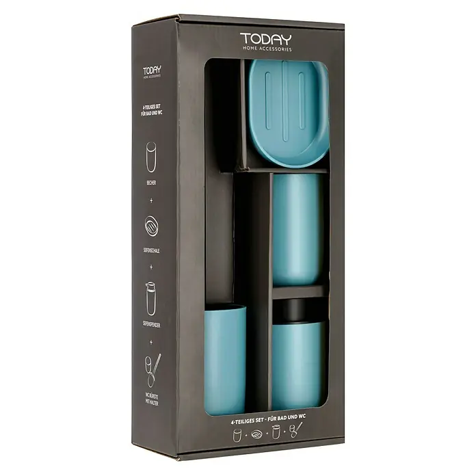 Bad-Accessoire-Set Today 1 - 4 -tlg., Blau - Verpackung eines Badezimmer-Sets von TODAY Home Accessories mit Seifenspender, Becher, Seifenablage und WC-Bürste in Blau.