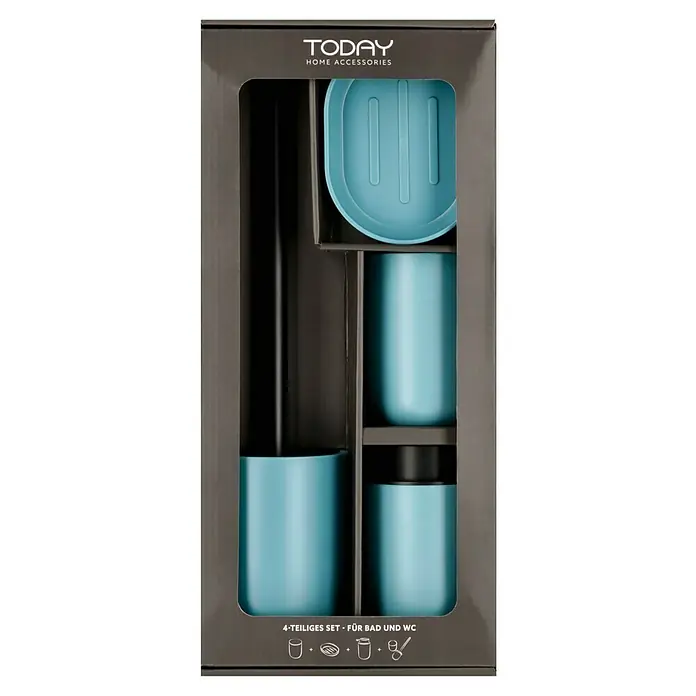 Bad-Accessoire-Set Today 1 - 4 -tlg., Blau - Verpacktes Badezimmer-Zubehör-Set in Hellblau und Schwarz, bestehend aus vier Teilen für Bad und WC.