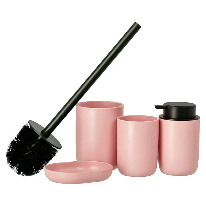 Set de accesorios de baño Today 1 - Plástico, Rosa, 4 pzs. - Un juego de baño rosa con un cepillo de váter, un dispensador de jabón, un vaso y una jabonera sobre un fondo negro.