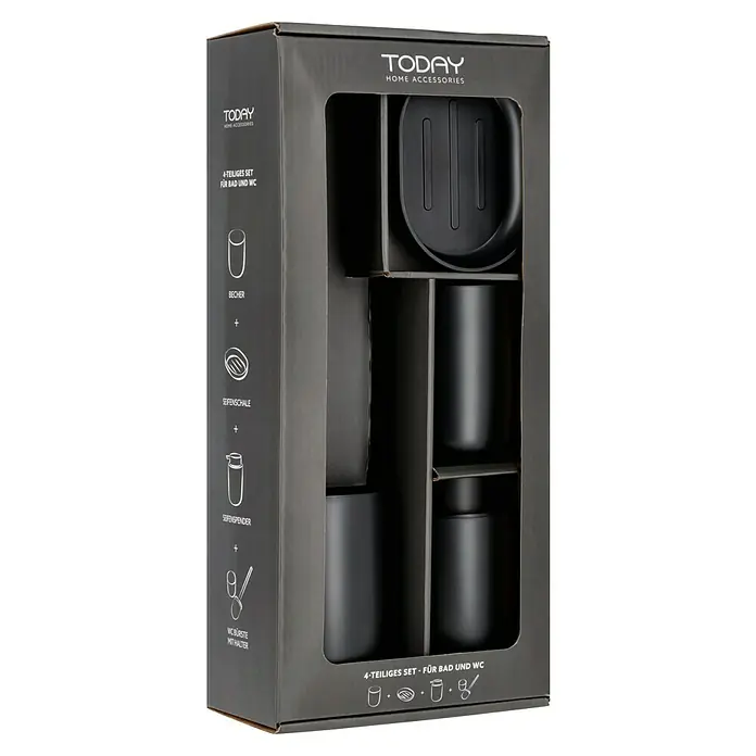 Bad-Accessoire-Set Today 1 - 4 -tlg., Schwarz - Verpackung eines schwarzen, vierteiligen Badezimmer-Accessoire-Sets der Marke TODAY Home Accessories mit Seifenspender und WC-Bürste.