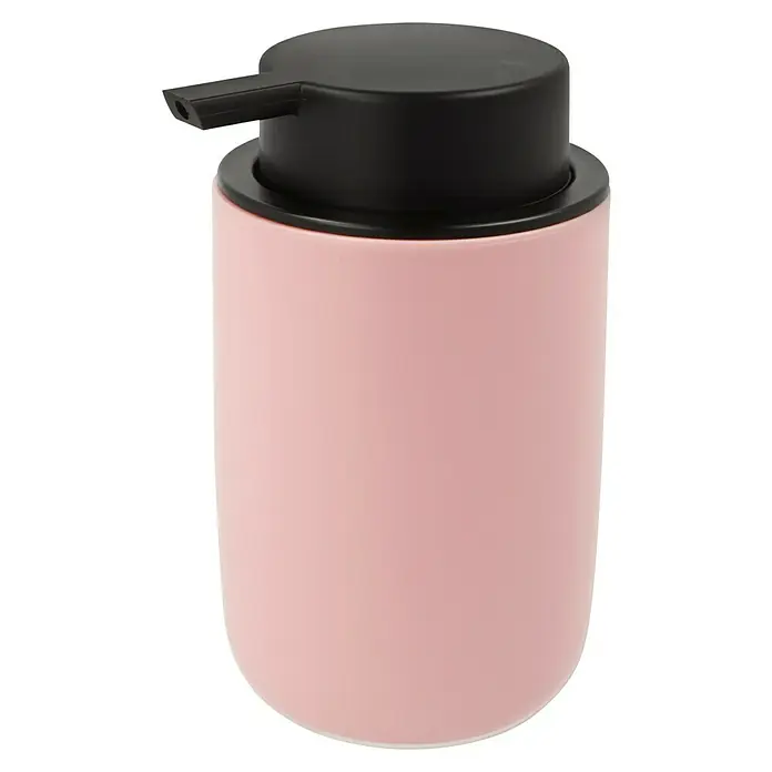 Bad-Accessoire-Set Today 1 - 4 -tlg., Rosa - Ein stilvoller Seifenspender in zartem Rosa mit einem eleganten schwarzen Pumpkopf, ideal für jedes Badezimmer oder Küche.