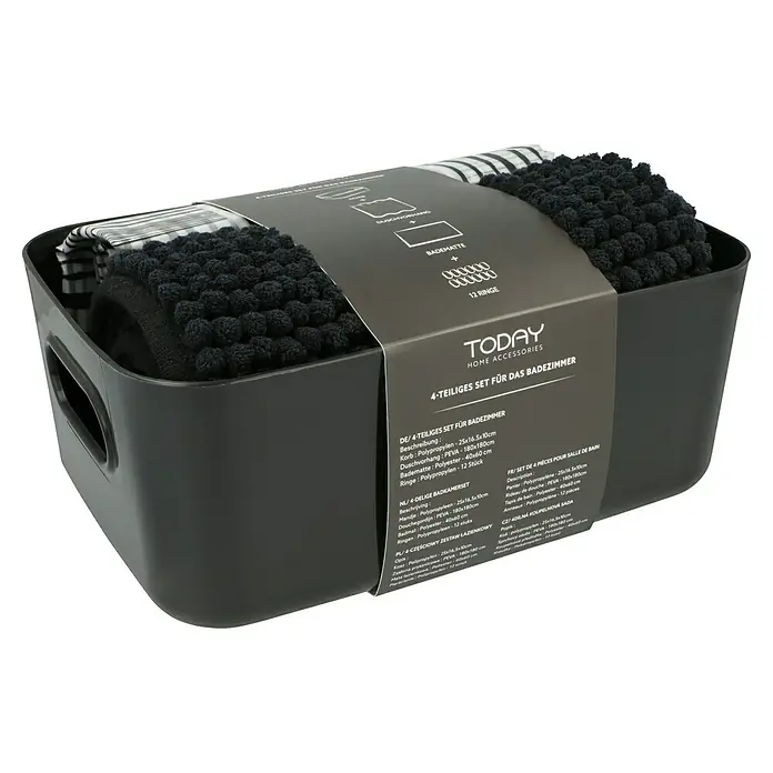 Set de accesorios de baño Today - Plástico, Negro, 4 pzs. - Set de baño de 4 piezas con alfombra, cortina y anillas en una cesta negra. Práctico y elegante para el baño.