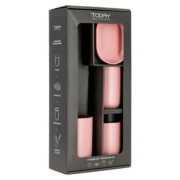 Bad-Accessoire-Set Today 1 - 4 -tlg., Rosa - Verpackung eines rosa TODAY Home Accessories 4-teiligen Sets für Bad und WC mit Becher, Seifenschale, Seifenspender und WC-Bürste mit Halter.