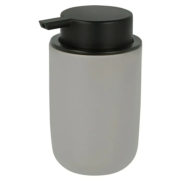 Bad-Accessoire-Set Today 1 - 4 -tlg., Grau - Ein eleganter Seifenspender in Grau mit einem schwarzen Pumpkopf, der Stil und Funktionalität im Badezimmer vereint.