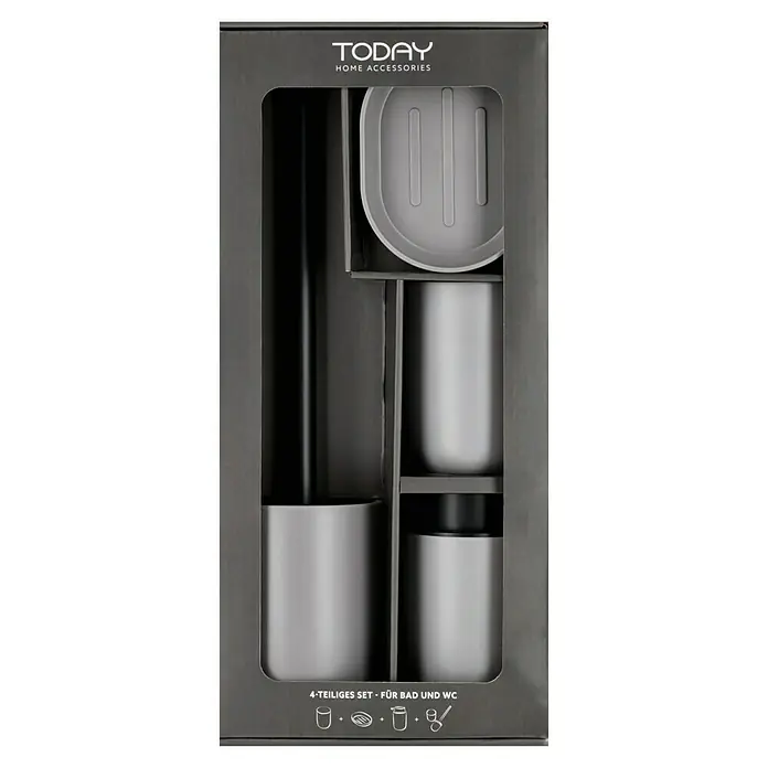 Set de accesorios de baño Today 1 - Plástico, Gris, 4 pzs. - Foto detallada del embalaje gris de un juego de baño y aseo de cuatro piezas de Today Home Accessories.