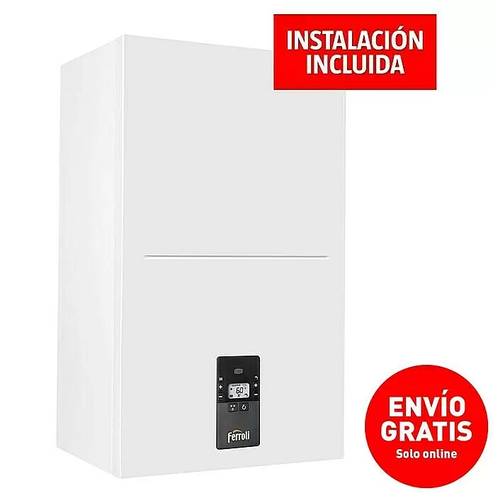 Ferroli Caldera BlueHelix Alpha 34C con instalación incluida - 30 kW, 10 l, Display multifunción - Caldera mural Ferroli blanca con pantalla digital negra.