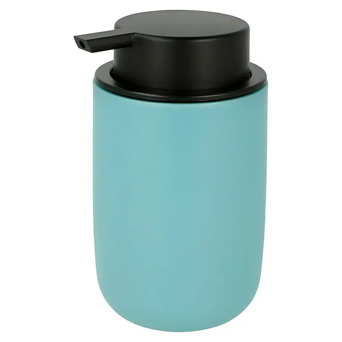 Bad-Accessoire-Set Today 1 - 4 -tlg., Blau - Nahaufnahme eines modernen, türkisblauen Seifenspenders mit schwarzem Pumpkopf. Elegantes Design für Badezimmer oder Küche.
