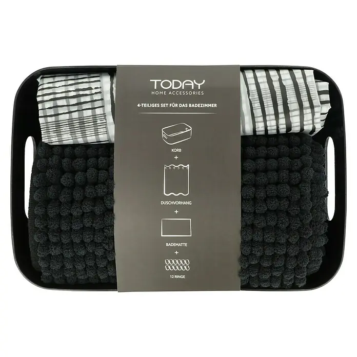 Set de accesorios de baño Today - Plástico, Negro, 4 pzs. - Set de baño "Today Home Accessories" con cesto, cortina de ducha, alfombra de baño y 12 anillas en una caja de almacenamiento negra.