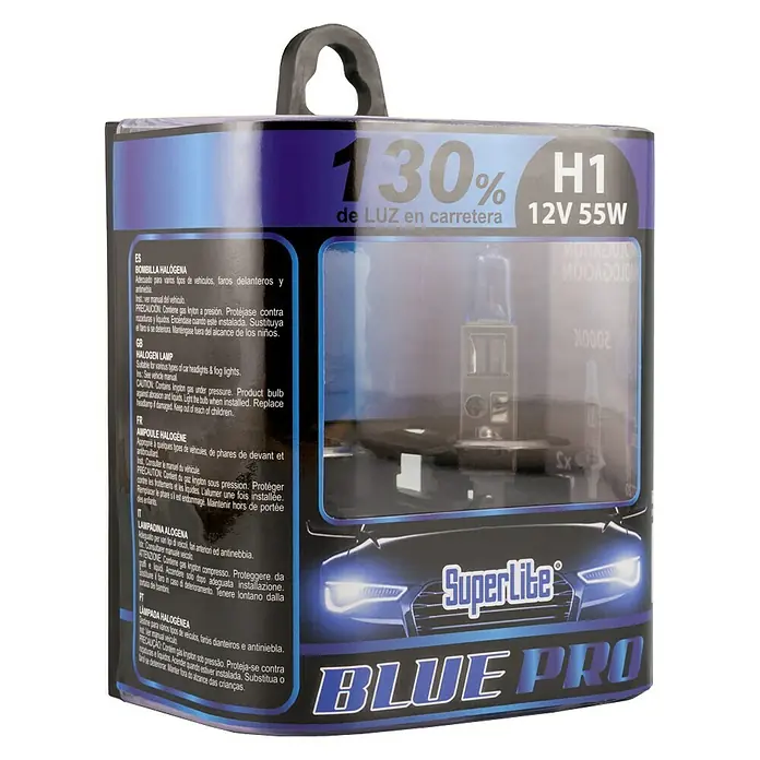 Bombilla para faro delantero BOM12720 - 12 V, 2 ud., Azul - Embalaje de bombilla halógena SuperLite BLUE PRO H1 (12V 55W) que proporciona un 130% más de luz en carretera.