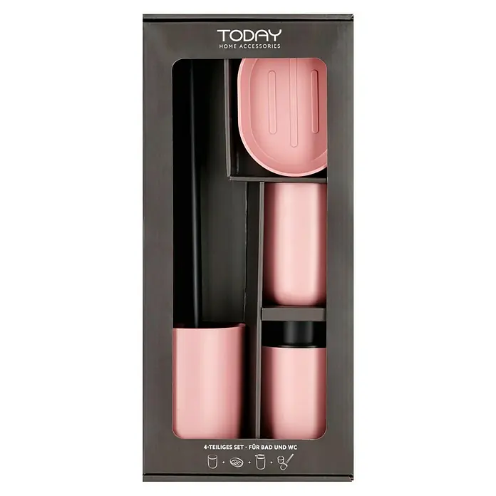 Bad-Accessoire-Set Today 1 - 4 -tlg., Rosa - Nahaufnahme eines Bad-Accessoire-Sets in Roségold in einer grauen Verpackung.