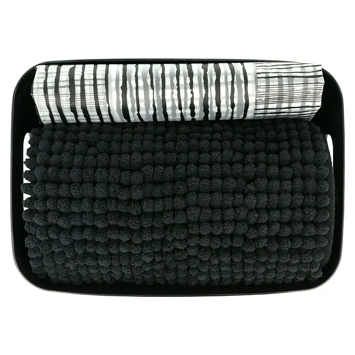Set de accesorios de baño Today - Plástico, Negro, 4 pzs. - Una alfombra de baño negra y una toalla estampada se sientan en una cesta negra. Accesorios de baño prácticos para un baño elegante.