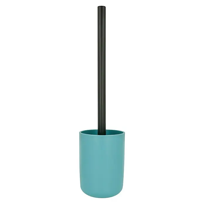 Bad-Accessoire-Set Today 1 - 4 -tlg., Blau - Ein stilvolles WC-Garnitur-Set mit einem türkisfarbenen Behälter und einem schlanken, schwarzen Griff für eine moderne Badezimmerausstattung.
