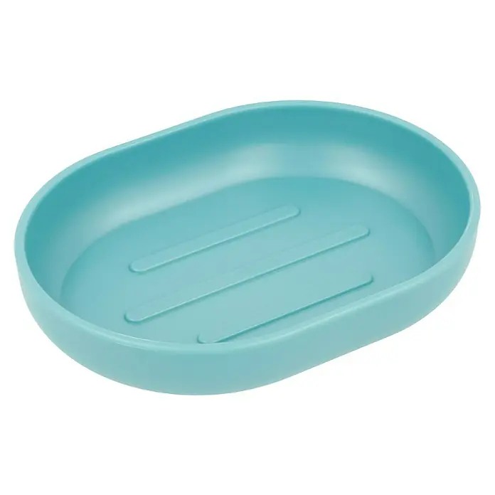 Bad-Accessoire-Set Today 1 - 4 -tlg., Blau - Helle, türkisblaue Seifenschale aus Kunststoff mit gerilltem Boden zur Aufbewahrung von Seife im Badezimmer.