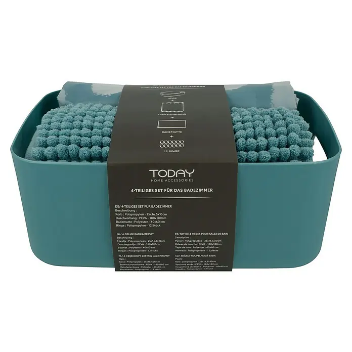 Bad-Accessoire-Set Today 2 - 4 -tlg., Blau - Teal Badezimmer-Set mit Korb, Duschvorhang, Badematte und Ringen. Ein komplettes Set für ein stilvolles Badezimmer.