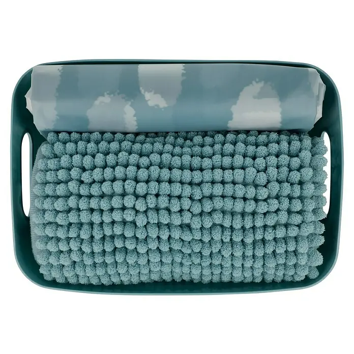 Bad-Accessoire-Set Today 2 - 4 -tlg., Blau - Aufbewahrungskorb mit blauem Badteppich und Handtuch mit Wolkenmuster, ideal für Badezimmerorganisation.