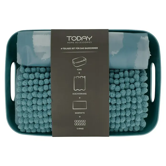 Bad-Accessoire-Set Today 2 - 4 -tlg., Blau - Badezimmer-Set "Today Home Accessories" mit Korb, Duschvorhang, Badematte und 12 Ringen in einer praktischen Aufbewahrungsbox.