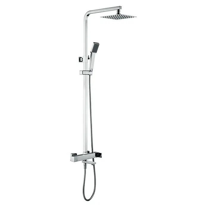 Imex Fiyi Sistema de ducha y bañera - Grifo monomando, Cromo - Columna de ducha con rociador y teleducha. El conjunto de ducha cromado con rociadores cuadrados destaca en el baño.