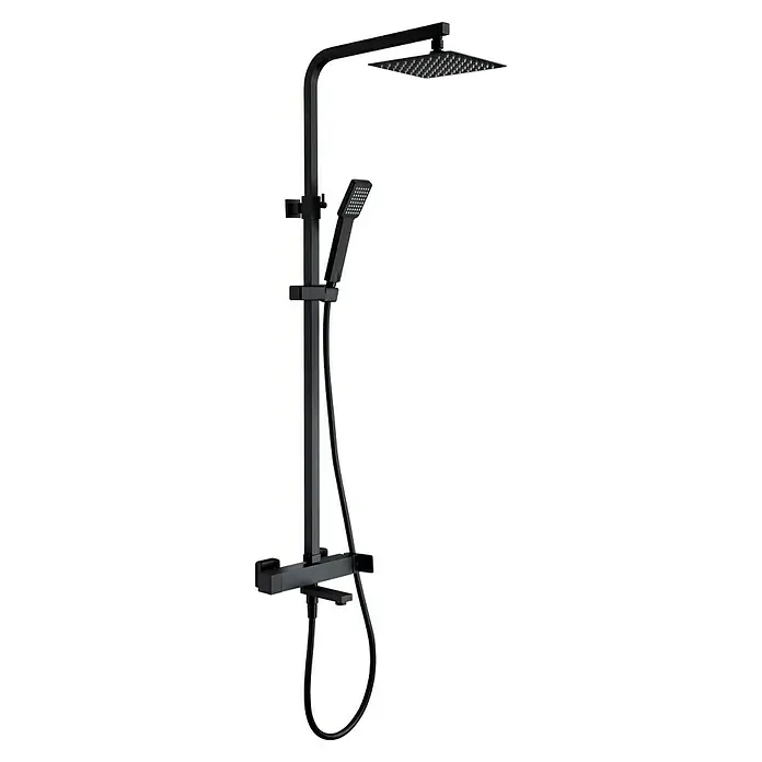 Imex Fiyi Sistema de ducha y bañera - Grifo monomando, Negro - Elegante sistema de ducha en negro mate con rociadores de techo y de mano. Su moderno diseño eleva cualquier baño con una experiencia de ducha lujosa.