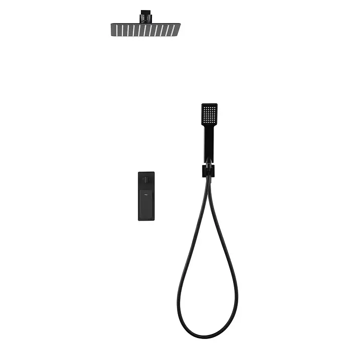 Imex Fiyi Sistema de ducha empotrado - Negro - Conjunto de ducha negro con rociador de lluvia, ducha de mano y termostato para un baño moderno.