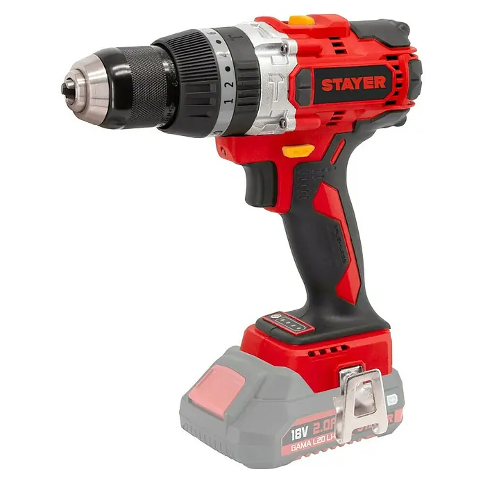 Stayer L20 Taladro atornillador percutor de batería PBL80 - 18 V, Sin batería, Número máx. de impactos: 30.000 /min, 80 Nm - Imagen de un taladro inalámbrico Stayer con un diseño rojo y negro.