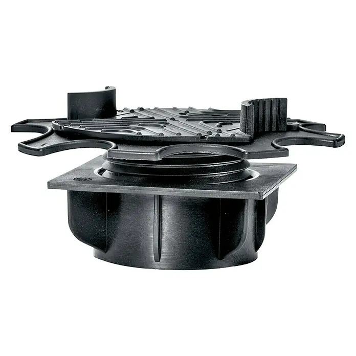Spax Extras Terrassenfuß Free Lift - 3 Stk., Kunststoff, Höhenverstellbar - Nahaufnahme einer schwarzen Terrassenlager, die auf einer ebenen Fläche steht und eine innovative Lösung für Terrassen bietet.