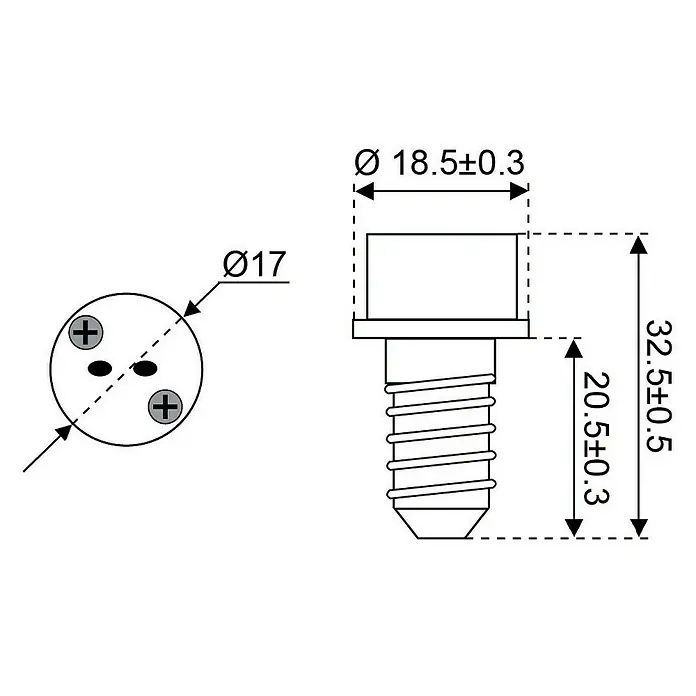 Talamex Sockeladapter für Boote - Sockel: E14 auf G4 - Technische Zeichnung einer Schraube mit genauen Abmessungen und Durchmesserangaben für technische Dokumentationen.
