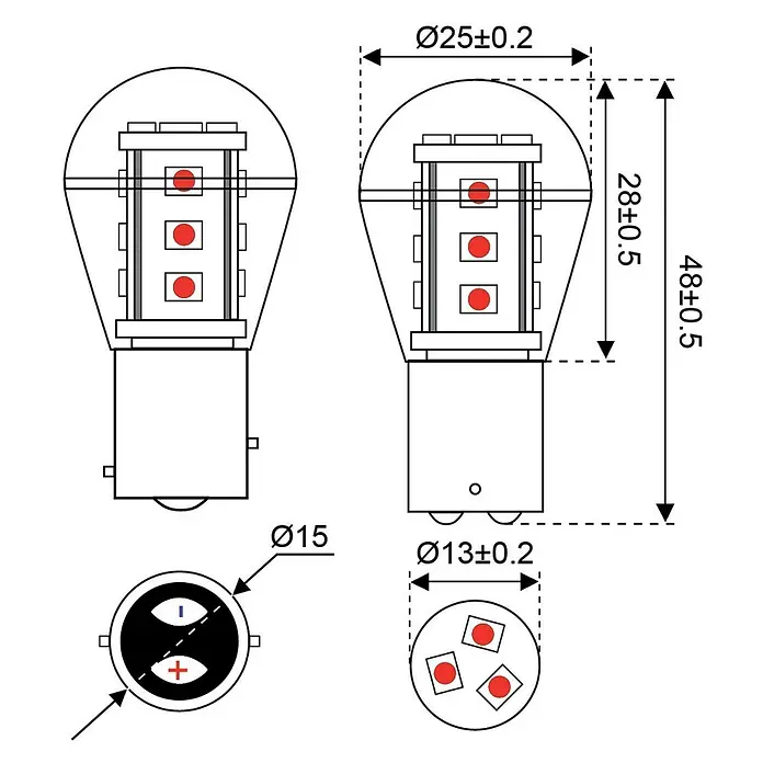 Talamex LED-Navigationsleuchtmittel für Boote - 0,9 W, 10 V - 30 V, Lichtfarbe: Rot - Eine detaillierte Zeichnung einer LED-Lampe mit Maßangaben, die die Abmessungen und technischen Details des Produkts veranschaulicht.