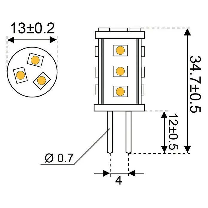 Talamex LED-Leuchtmittel für Boote - 1 W, 10 V - 30 V, Sockel: G4, Lichtfarbe: Warmweiß, G (A bis G) - Produktbild einer LED-Lampe mit Maßangaben für Durchmesser, Höhe und Stiftabstand.