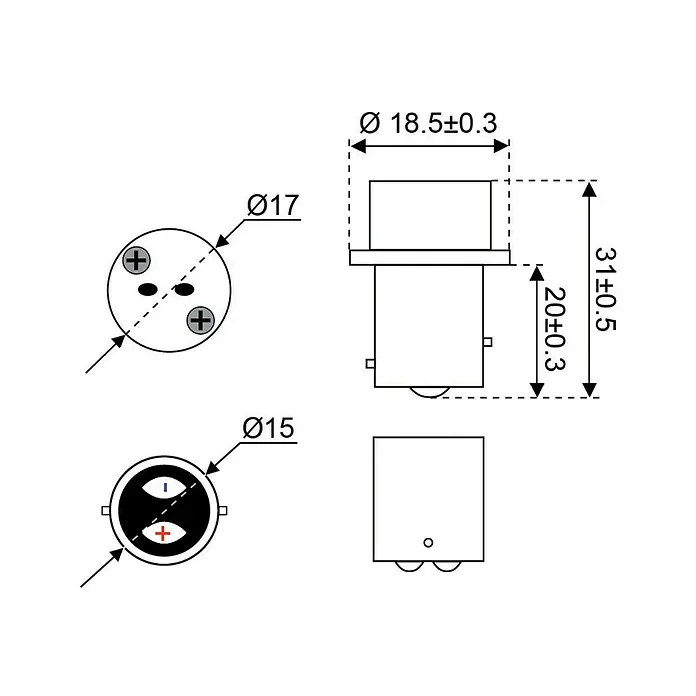 Talamex Sockeladapter für Boote - Sockel: BAY15d auf G4 - Technische Zeichnung einer Glühbirne mit Maßangaben zu Durchmesser und Länge des Leuchtmittels.