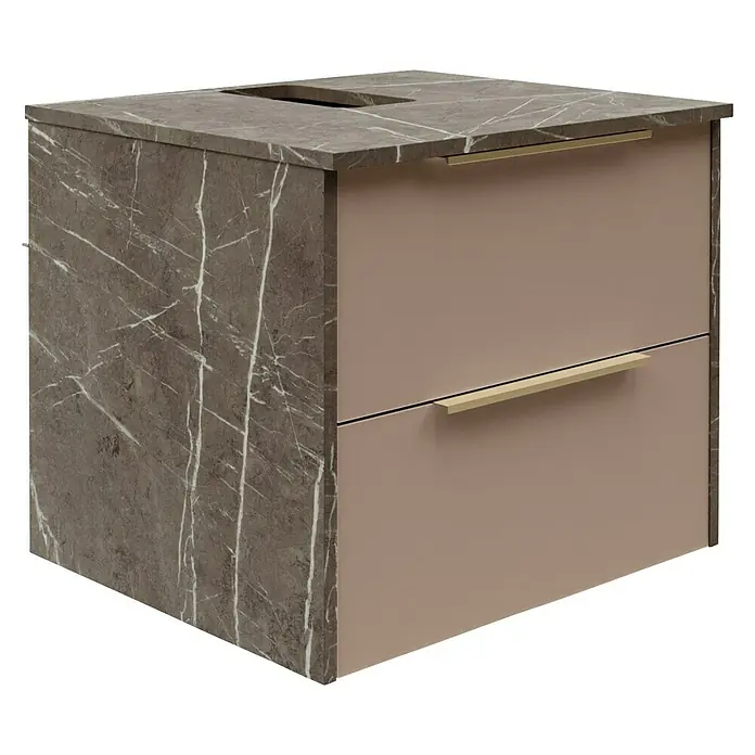 Camargue Marble Badmöbel-Set - 60 cm, Grau Marmor/Goldbronze, 3 -tlg. - Moderner Badezimmerschrank mit zwei Schubladen, marmorierter Oberfläche und goldenen Griffen für stilvolle Aufbewahrung.