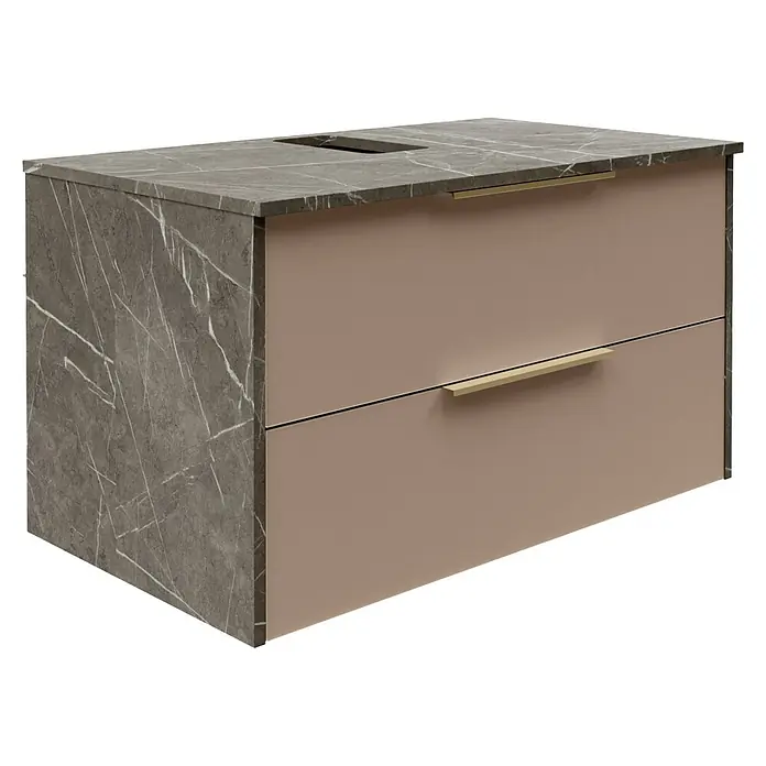 Camargue Marble Badmöbel-Set - 90 cm, Grau Marmor/Goldbronze, 3 -tlg. - Elegantes Badezimmerwaschbecken mit zwei Schubladen in Rosa und einer grauen Marmorplatte. Moderne Badmöbel für stilvolle Badezimmer.