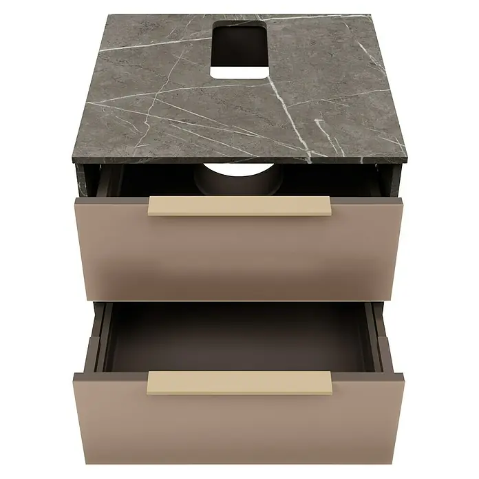 Camargue Marble Badmöbel-Set - 60 cm, Grau Marmor/Goldbronze, 3 -tlg. - Ein moderner Waschtischunterschrank mit zwei Auszügen und einer grauen Marmorplatte. Das elegante Design passt perfekt in jedes Badezimmer.