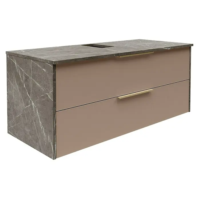 Camargue Marble Badmöbel-Set - 120 cm, Grau Marmor/Goldbronze, 3 -tlg. - Eleganter Waschtischunterschrank in Grau und Beige mit zwei Schubladen und Griffen in Goldoptik für ein modernes Badezimmerdesign.