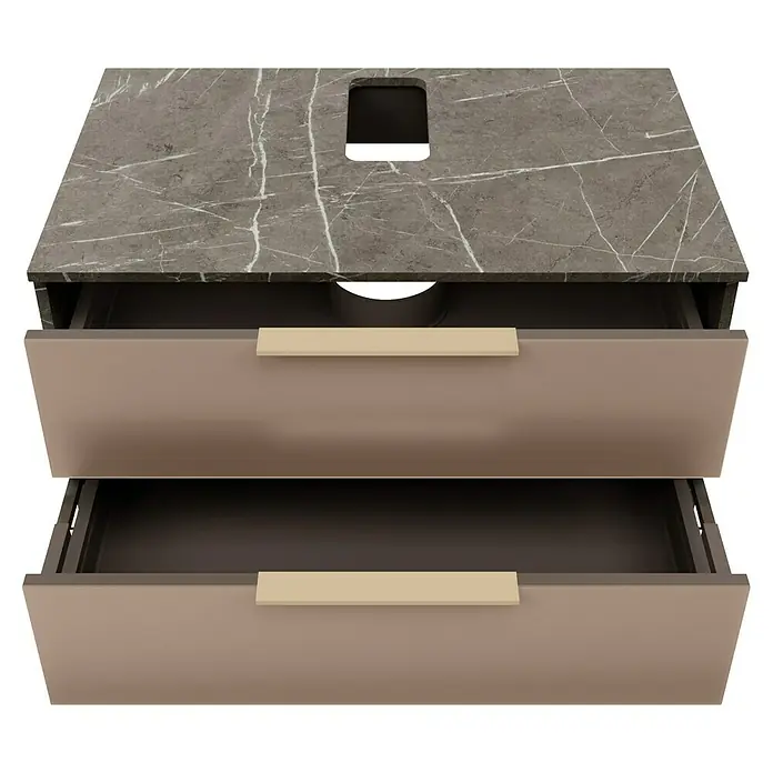 Camargue Marble Badmöbel-Set - 90 cm, Grau Marmor/Goldbronze, 3 -tlg. - Modernes Badezimmerunterschrank-Set mit Schubladen und einer eleganten Marmorplatte.