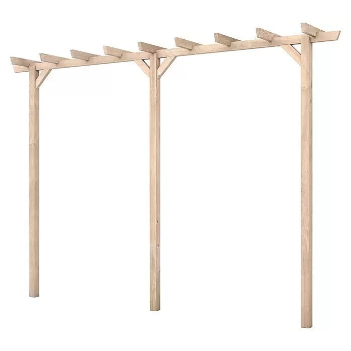 Joda Pergola - 450 x 65 x 200 cm, Farbe Gestell: Natur, Holz - Hölzerne Pergola-Struktur aus hellem Holz mit drei Pfosten und einem Spalierüberbau.