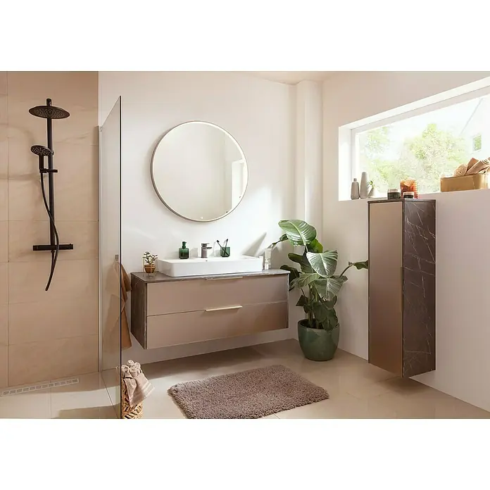 Camargue Marble Badmöbel-Set - 120 cm, Goldbronze, 2 -tlg. - Modernes Badezimmer-Interieur mit stilvollem Waschtisch, rundem Spiegel, Dusche und einem passenden hochschrank mit Marmor-Akzenten für ein elegantes Ambiente.