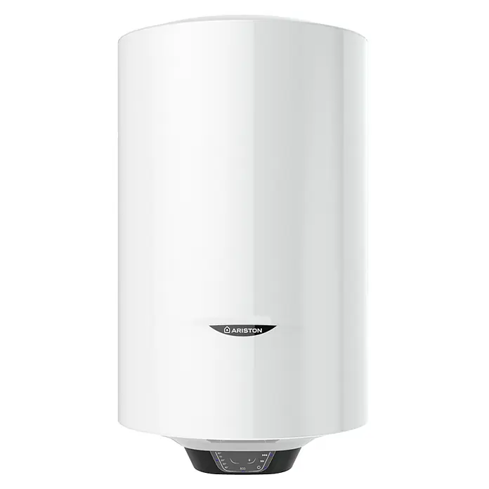Ariston Termo eléctrico Pro1 Eco Slim - 30 l, 1.800 W, Montaje en la pared - Primer plano de un calentador de agua Ariston con cuerpo blanco y panel de control negro.