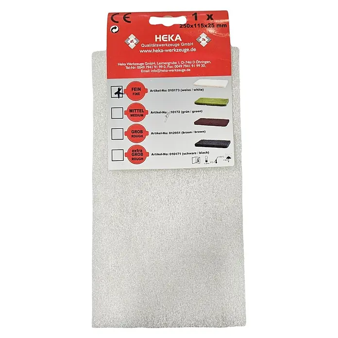 Heka Base de recambio para talocha - 250 x 115 x 25 mm, Blanco, Fino - Juego de vellón abrasivo HEKA con cuatro granos diferentes (fino, mediano, grueso, extra grueso) para diversas tareas de lijado.