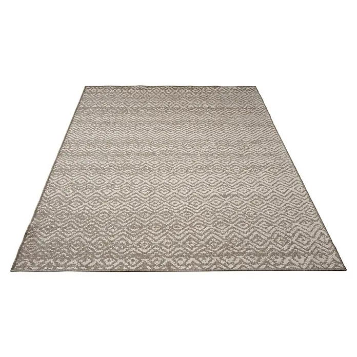 Alfombra exterior reversible Rombo - Beige, 60 x 110 cm, Polipropileno - Una alfombra rectangular con un patrón geométrico en tonos beige y gris, ideal para salones y comedores, que combina comodidad y estilo.